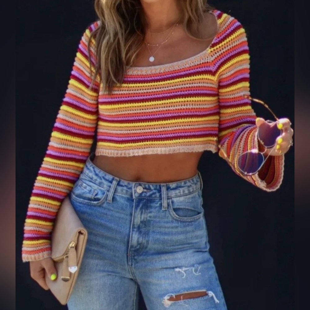 Yellow The Label Crochet Knit Striped Cropped Top XS